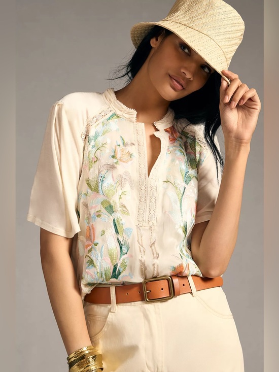 Tiny Tops - TINY Eliana Cream Embroidered Floral Short-Sleeve Blouse